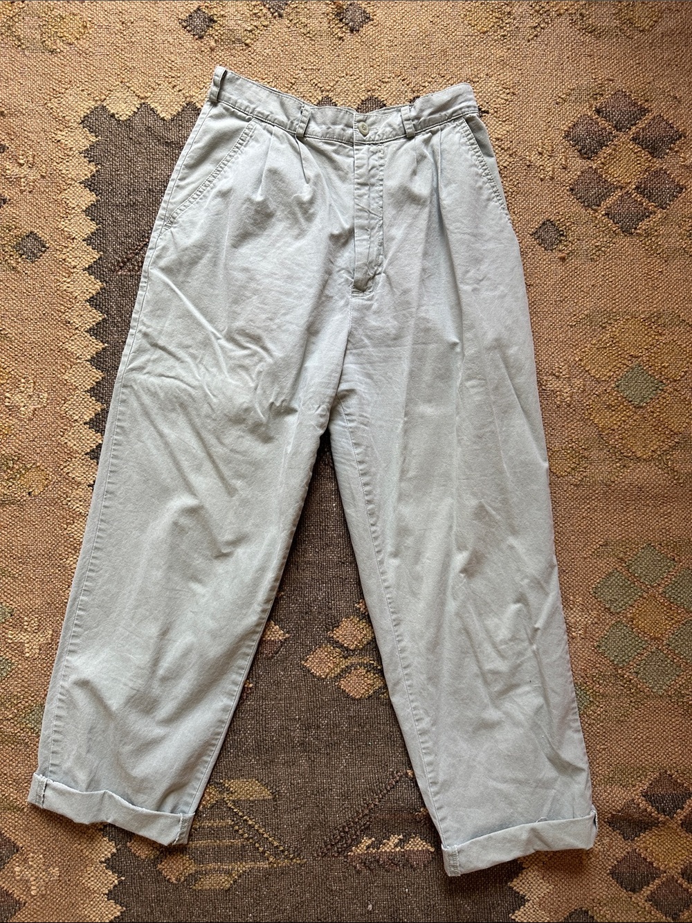 Soft sage green women’s vintage L.L. Bean pleated front chino trousers